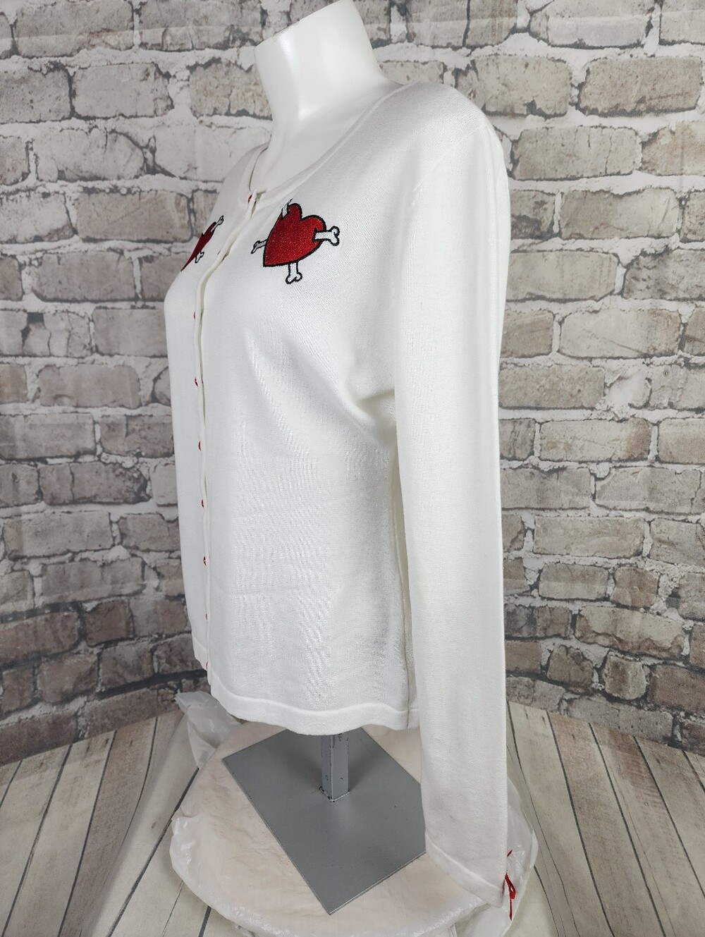 Sourpuss White Cardigan with Red Heart-and-Bones Embroidery - Picture 12 of 15